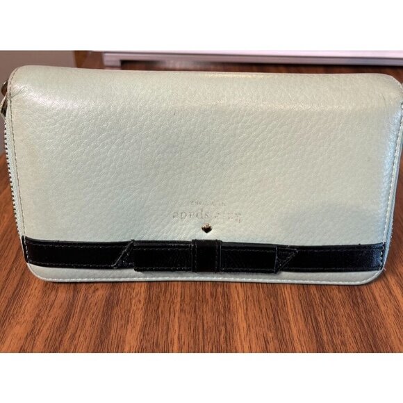 Kate Spade Wallet OS Green Leather Black Bow Zip Around Metallic Preppy Retro 80 - Picture 7 of 15